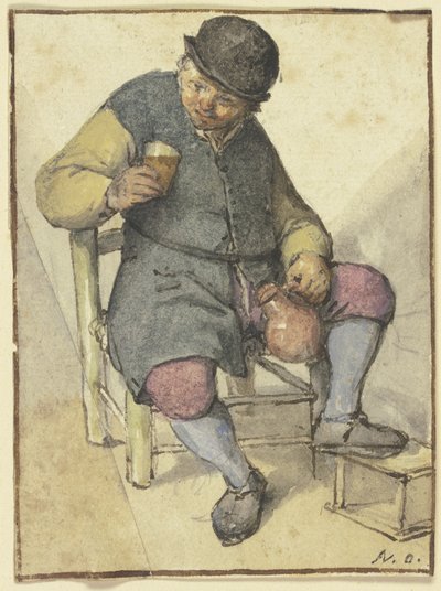 Sittende bonde sett forfra, med mugge og glass av Adriaen van Ostade
