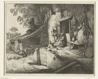 Spinnende kvinne foran et hus spinsteren av Adriaen van Ostade