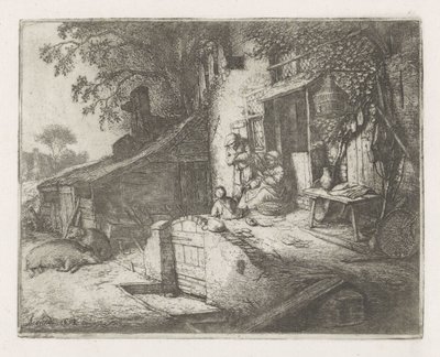 Kvinne spinner foran et hus av Adriaen van Ostade