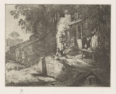 Kvinne spinner foran et hus av Adriaen van Ostade