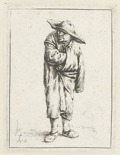 Stående bonde med hånd og arm i kappen Tiggeren pakket inn i kappen av Adriaen van Ostade