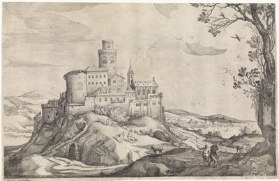 Landskap med et slott på et fjell av Adriaen van Stalbemt