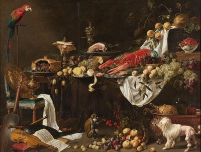 Bankett stilleben Pronk stilleben med en papegøye, hund og ape av Adriaen van Utrecht