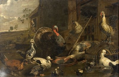 Høner, ender og en kalkunhane av Adriaen van Utrecht