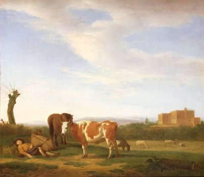 Et pastoralt landskap med en sovende gjeter, 1600-tallet av Adriaen van de Velde