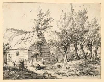 Gård bak en rekke styvede viertrær av Adriaen van de Velde