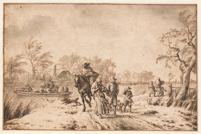 Høstlandskap med reisende og ferge av Adriaen van de Velde