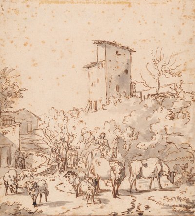 Italiensk landskap med mennesker og fe av Adriaen van de Velde