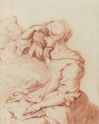 Sittende kvinne med hånden holdt over øynene (pensel- og kritttegning) av Adriaen van de Velde