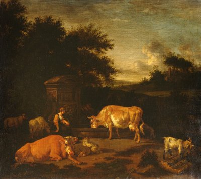 Gjeterinne og en drover med flokkene sine ved en klassisk fontene i et skogslandskap av Adriaen van de Velde