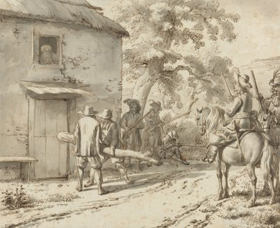 Soldater tvinger en dør, 1669 (penn- og blekktegning) av Adriaen van de Velde