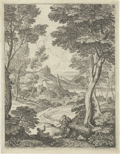 Landskap med spiss tårn Landskap med gjetere (serietittel) av Adriaen van der Kabel