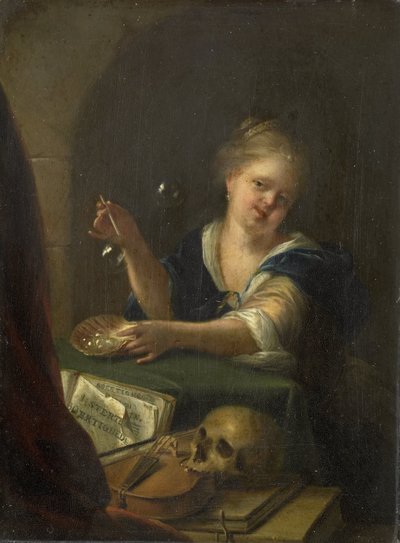 Bobleblåsende jente med et Vanitas-stilleben av Adriaen van der Werff (manner of)