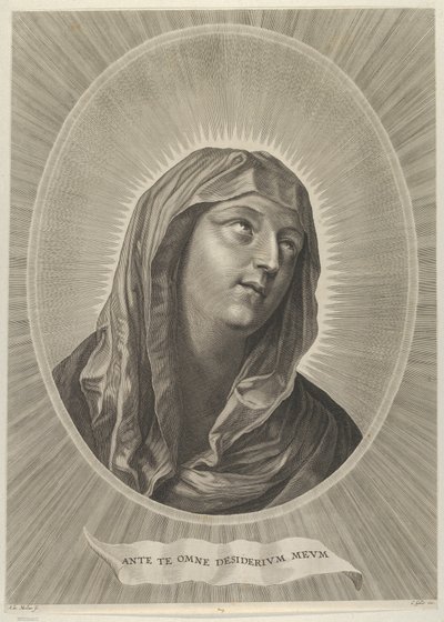 Jomfruens hode ser opp til høyre, i en oval ramme, etter Reni, ca. 1..., ca. 1650-67. av Adrian van Melar