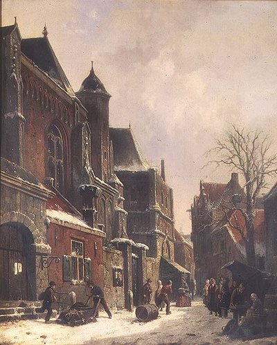 Et nederlandsk gatebilde med figurer ved en kirke av Adrianus Eversen