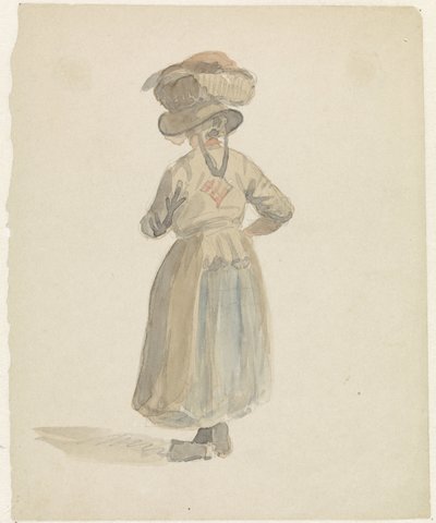 Figurstudie av en kvinne med en kurv på hodet, bakfra av Adrianus Eversen