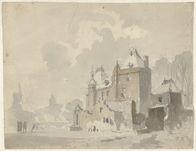 Utsikt over et tenkt(?) slott nær en by av Adrianus Eversen
