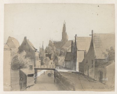 Utsikt over en kanal i Haarlem, i bakgrunnen St. Bavo Haarlem (tittel på objekt) av Adrianus Eversen