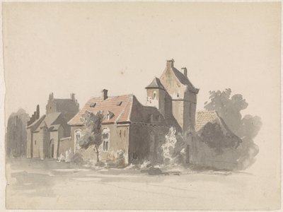 Utsikt over en gruppe hus med en byport(?) av Adrianus Eversen
