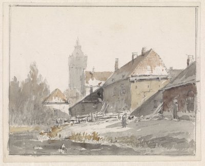 Utsikt over hus i utkanten av en by av Adrianus Eversen