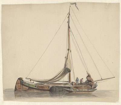 To menn som jobber på flat bunn med senkede seil av Adrianus Eversen