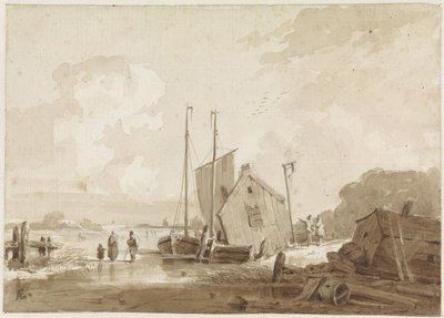 Vinterutsikt med figurer ved båter ved et naust av Adrianus Eversen
