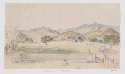 Landskap og utsikt over hus og landsbytorget, Vest-Java av Adrianus Johannes Bik