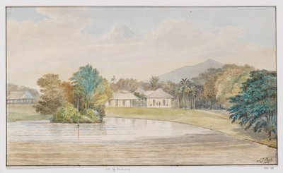 Landskap med hus og dam, Vest-Java av Adrianus Johannes Bik