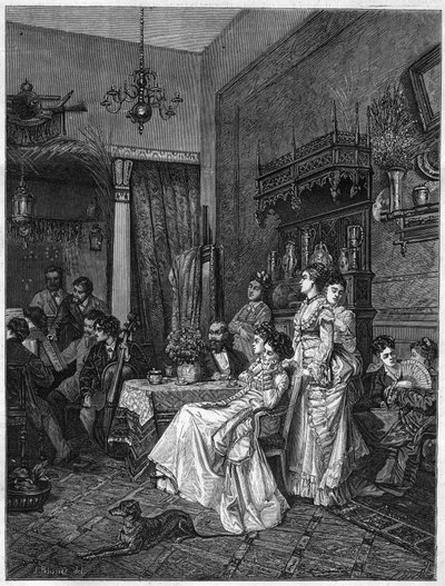 Amatørkonsert i en artists studio. Gravering etter maleriet av Adrien Moreau (1843-1906) i "The Illustrous Universe"" av Adrien (after) Moreau