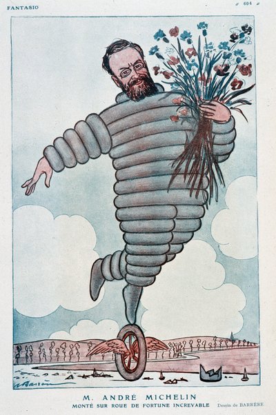 Tegneserie av Andre Michelin og Bibendum - Illustrasjon av Adrien Barrere (1877-1931) i "Fantasio" fra 01.07.1923 av Adrien Barrere