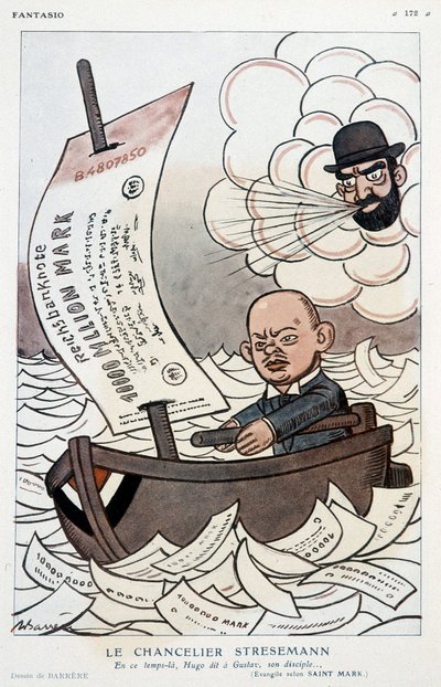 Tegneserie om den tyske kansleren Gustav Stresemann (1878-1929) og devalueringen av merket - Illustrasjon av Adrien Barrere (1877-1931) i "" Fantasio""" av 01.11.1923 av Adrien Barrere