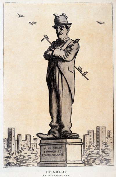 Charlot i statue med skrift på sokkelen: "En Charlot, den takknemlige menneskeheten"" ("Charlot ne s