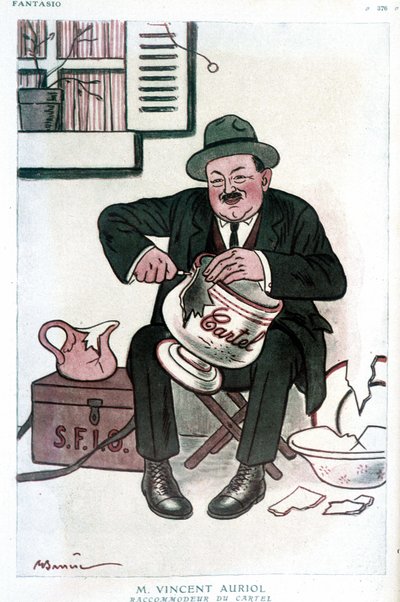 Mr. Vincent Auriol, Cartel Raccommodeur: humoristisk tegning på Vincent Auriol (1884-1938), på SFIO (S.F.I.O) og Cartel des gauche. Tegning av A. Barrere - i “” Fantasio””” av 15.02.1929. av Adrien Barrere