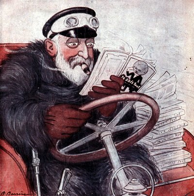 Portrett av kong Edward VII av England (1841 - 1910) som kjører bilen sin. Tegning av A. Barrère. "Jeg vet alt." av Adrien Barrere