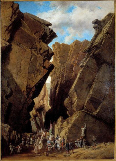 Fransk kolonisering av Algerie: "" passasjen av Jernporten i Algerie den 28/10/1839"" Den franske ekspedisjonen, kommandert av hertugen av Orleans i 1839, krysser passasjen til Bibans. Maleri av Adrien Dauzats (1804-1868) 1869 Søn. 1,46x1,05 m Orlea av Adrien Dauzats