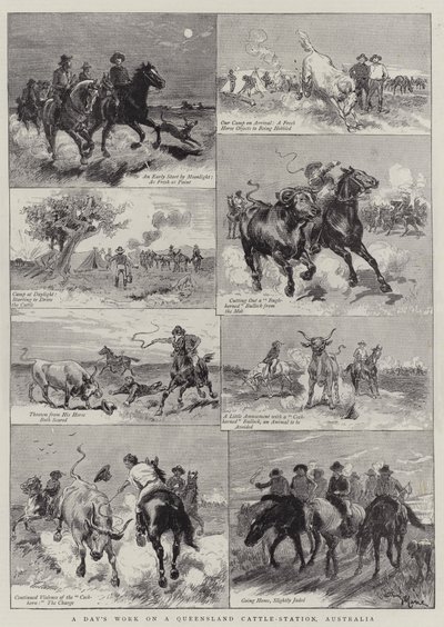 En dags arbeid på en Queensland Cattle-stasjon, Australia av Adrien Emmanuel Marie