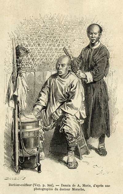 En barber barber barber i full jobb, en benk og sylindrisk trekasse med rom og en skål utgjør reiseutstyret hans. Gravering etter A.Maries tegning, for å illustrere reisen til Pekin og Nord-Kina, av T.Choutze, i 1873, publisert i av Adrien Emmanuel Marie
