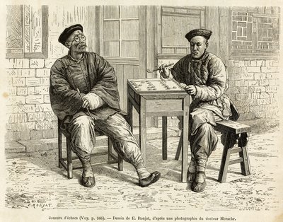 Sjakkspillere. Gravering etter A.Maries tegning, for å illustrere reisen til Pekin og Nord-Kina, av T.Choutze, i 1873, publisert i “” Le tour du monde””” 1876, redigert av Edouard Charton, utgave Hachette, Paris. Selva samling. av Adrien Emmanuel Marie