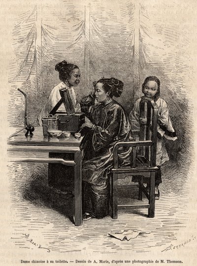 Kinesisk dame har toalettet sitt. Gravering etter A.Maries tegning, for å illustrere reisen til Pekin og Nord-Kina, av T.Choutze, i 1873, publisert i “” Le tour du monde””” 1876, redigert av Edouard Charton, utgave Hachette, Paris. Selva samling. av Adrien Emmanuel Marie