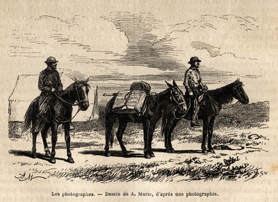 Fotografer av det amerikanske geologiske oppdraget, på hesteryggen, nøye pakket materiale klar for en ny scene, gravering etter tegningen av A.Marie, som illustrerer et sett med geografiske oppdrag gjennom USAs nasjonalpark, fra 1870 til 1872, av Adrien Emmanuel Marie