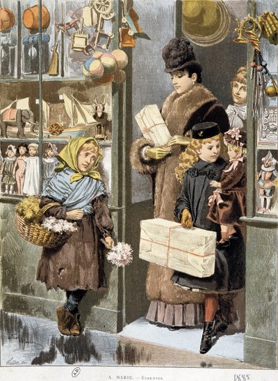 Stakkars jente som selger små buketter ved utgangen av en lekebutikk der rike mennesker kommer ut (shopper til jul?) - tegning av Adrien Marie av Adrien Emmanuel Marie