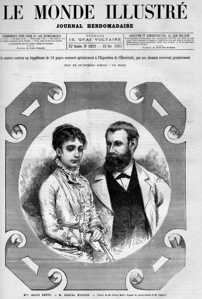 Portrett av Daniel Wilson (1840-1919), fransk politiker med sin kone, Alice Grevy. Gravering av Adrien Marie. En av «The Illustrious World» nr. 1282 av 22. oktober av Adrien Emmanuel Marie