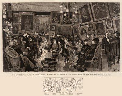 The Comedie Francaise at Home, Portrettskisser fra Livet i det grønne rommet i Theatre Francais, Paris av Adrien Emmanuel Marie