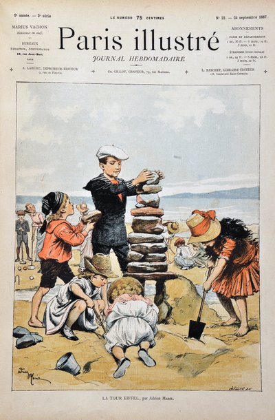 The Eiffel Tower A group of children playing on a beach and realizing a replica of the Eiffel Tower with stones and sand. illustration by Adrien Marie (1848-1891). Engraving from 1887 in “” Paris-Illustrous journal weekly””. av Adrien Emmanuel Marie