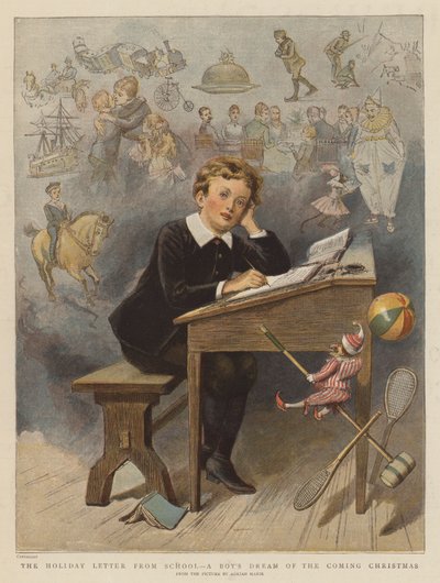 Feriebrevet fra skolen, en guttedrøm om den kommende julen (chromolitho) av Adrien Emmanuel Marie