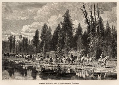 Hele det geografiske oppdraget, på vei til Mount Hayden, langs Henri-elven, gravert etter A.Maries tegning, som illustrerer et sett med geografiske oppdrag gjennom USAs nasjonalpark, fra 1870 til 1872, av herrene Hayden, Doane og Langford, pu av Adrien Emmanuel Marie