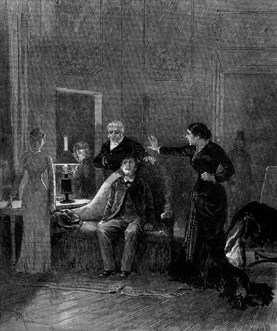 Theatrical representation: 5th act of “Jack” by Alphonse Daudet (1840-1897) and H. Lafontaine with Miss Sisos (Cecile), M. Porel (Dr. Rivals), M. Chelles (Jack), Miss Montaland (Ida de Barancy). Paris, theatre de l