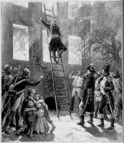 Teaterrepresentasjon: "" Nitti-tre"" ("Nitti-tre") av Paul Meurice (1818-1905) av Victor Hugo (1802-1885). The Fire of the Tourgue (10. maleri): Marquis de Lantenac, etter å ha reddet livene til barna til Flecharde, gir seg selv t. av Adrien Emmanuel Marie