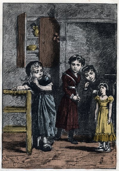 Thenardiers to døtre, Eponine og Azelma, ser på Cosette som mottok dukken Catherine - Illustrasjon av Adrien Marie (1848-1891) for "The miserables - Second part: Cosette" av Victor Hugo (1802-1885) 1862 av Adrien Emmanuel Marie
