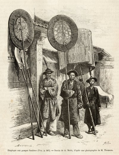Tre begravelsesarbeidere i Pekin. Gravering etter A.Maries tegning, for å illustrere reisen til Pekin og Nord-Kina, av T.Choutze, i 1873, publisert i “” Le tour du monde””” 1876, redigert av Edouard Charton, utgave Hachette, Paris. Selva samling. av Adrien Emmanuel Marie